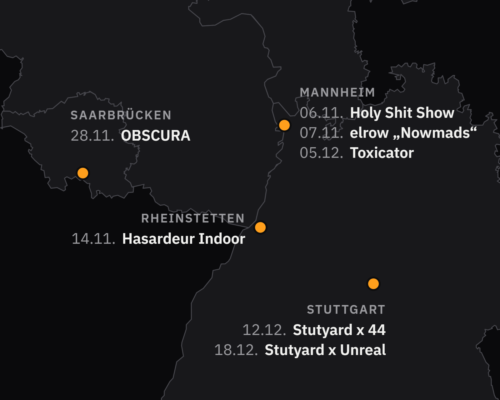 Map of the southwest with the dates in Mannheim, Rheinstetten, Saarbrücken and Stuttgart